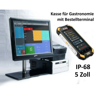 Mehrplatz GASTRO-Kassensystem (generalberholt): Hauptkasse, 1 x 5 IP68 Kellnerterminal, 1 x Bondrucker, TSE-Konform