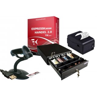 HANDEL Kassen-Set: Express Kasse X2, Bondrucker, Kassenlade 33x33x10cm, Barcodescanner