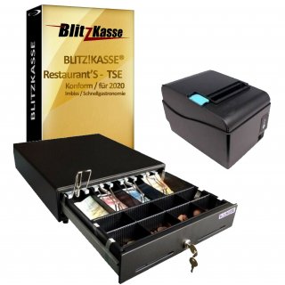 GASTRO Kassen-Set: Blitzkasse RestaurantS, Bondrucker iQPRN805 LAN-USB, Kassenlade 33x33x10cm