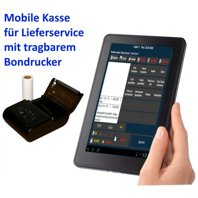 6" Kassensystem für LIEFERSERVICE und MOBILE DIENSTE mit Bondrucker WLAN BT 3G 
